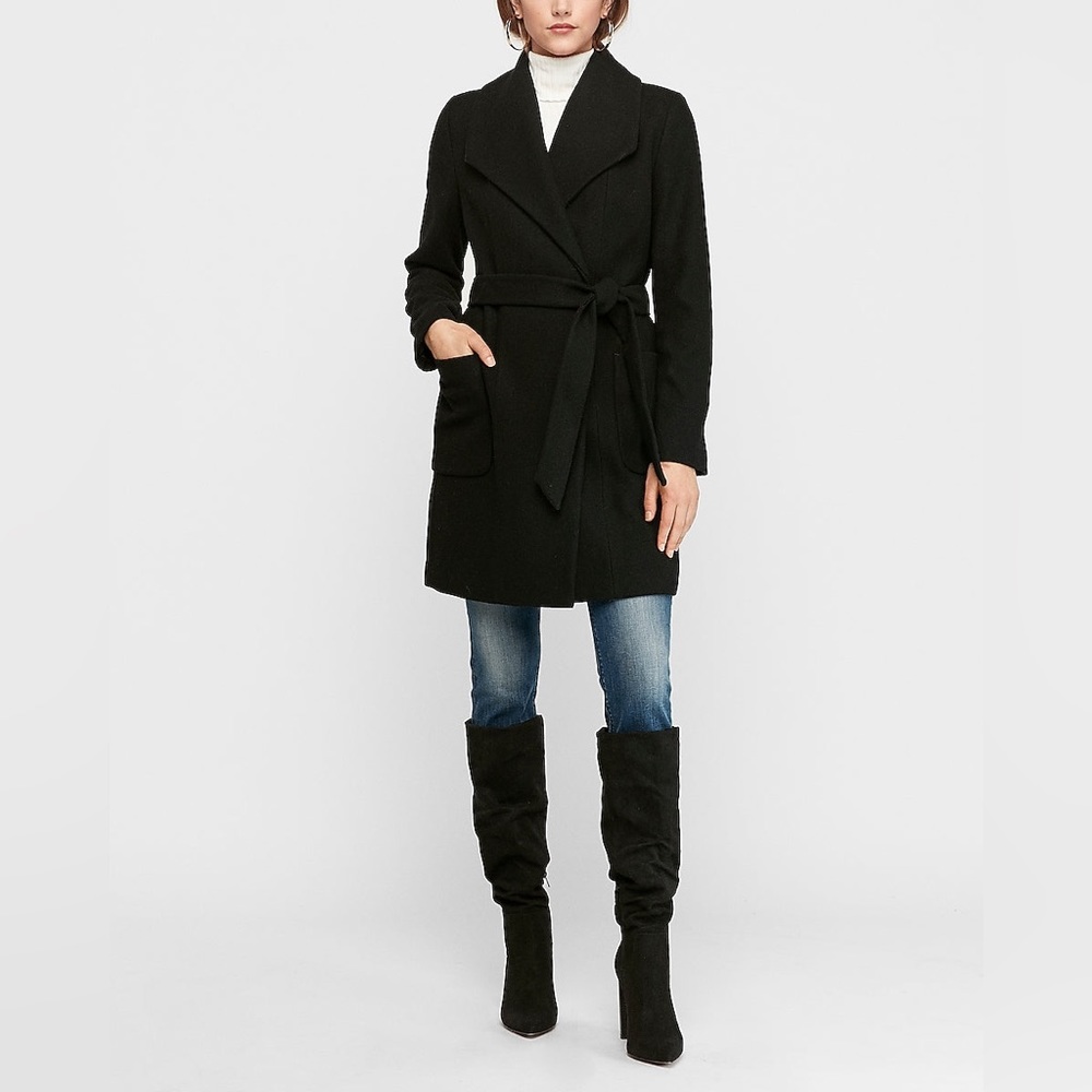 EXPRESS LONG BELTED WOOL-BLEND WRAP FRONT‎ CAR COAT IN PITCH BLACK
